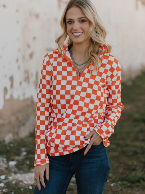 Pep Rally Orange & White Checkered Pullover