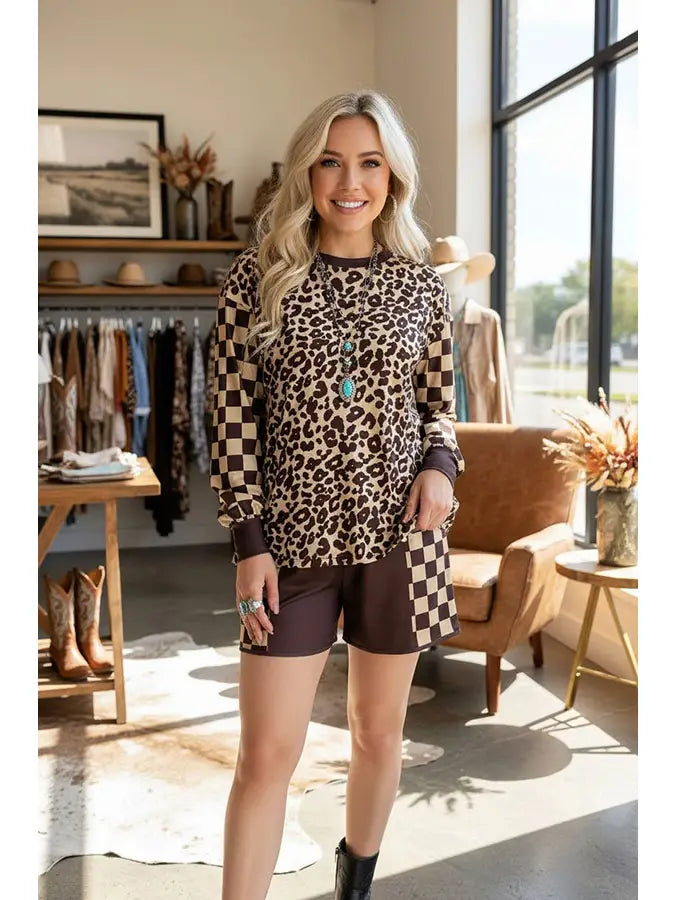 Western Leopard &amp; Checkered Shorts Set