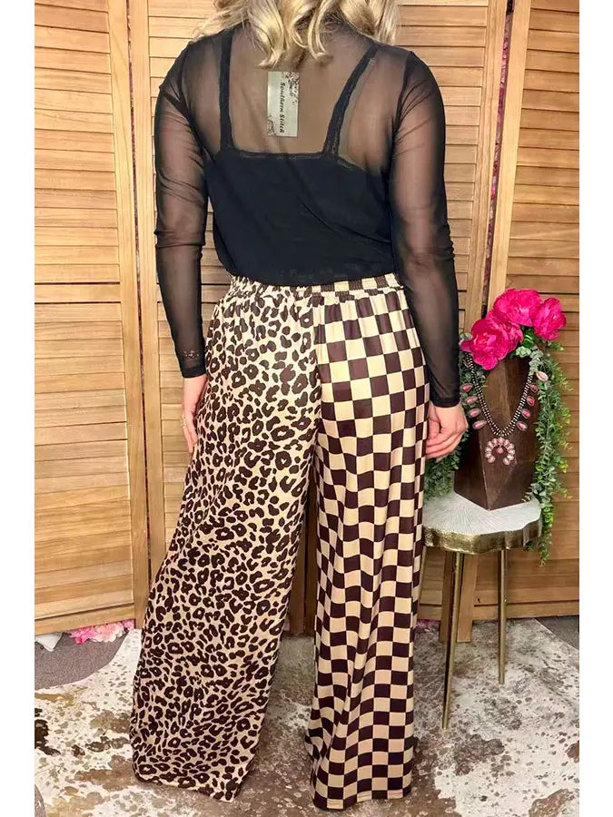 Western Leopard & Checkered Wide Leg Pants