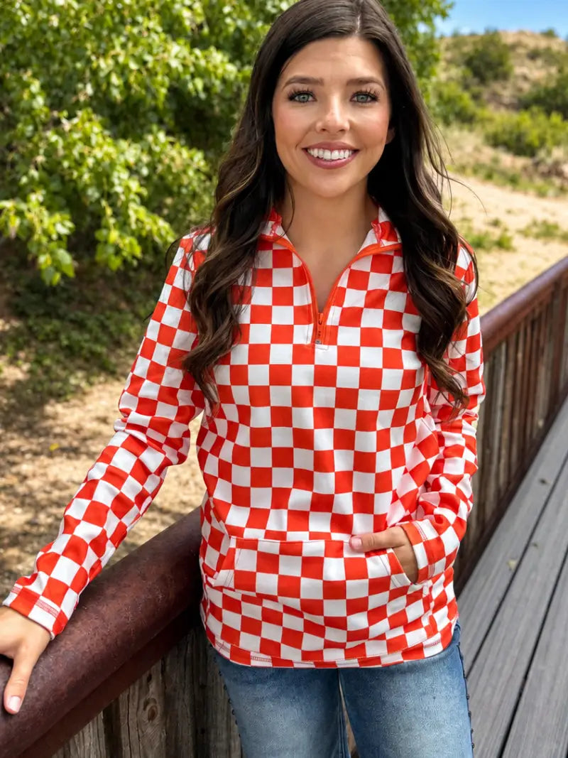Pep Rally Orange & White Checkered Pullover