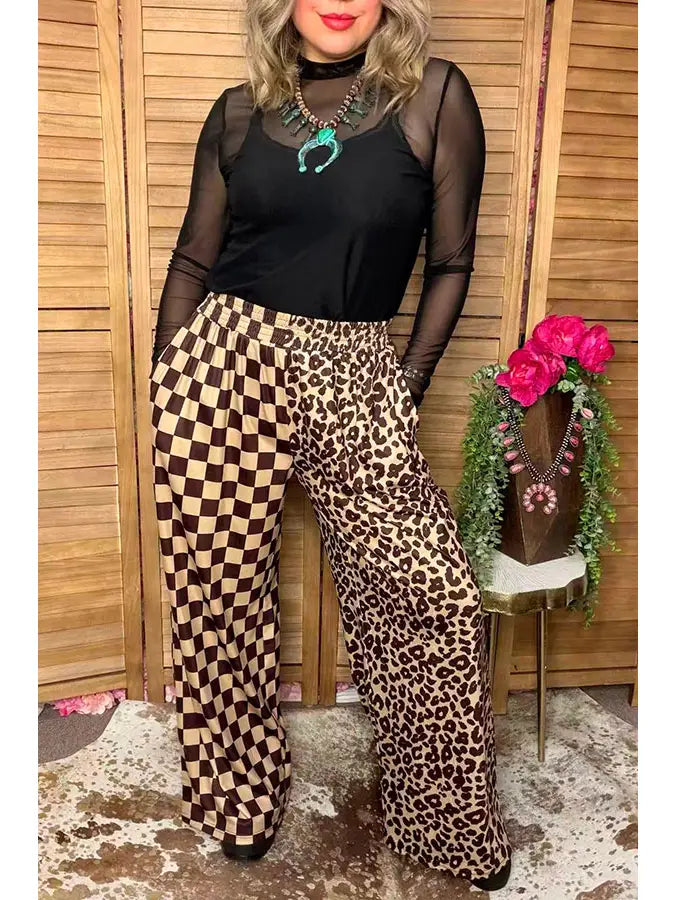 Western Leopard & Checkered Wide Leg Pants