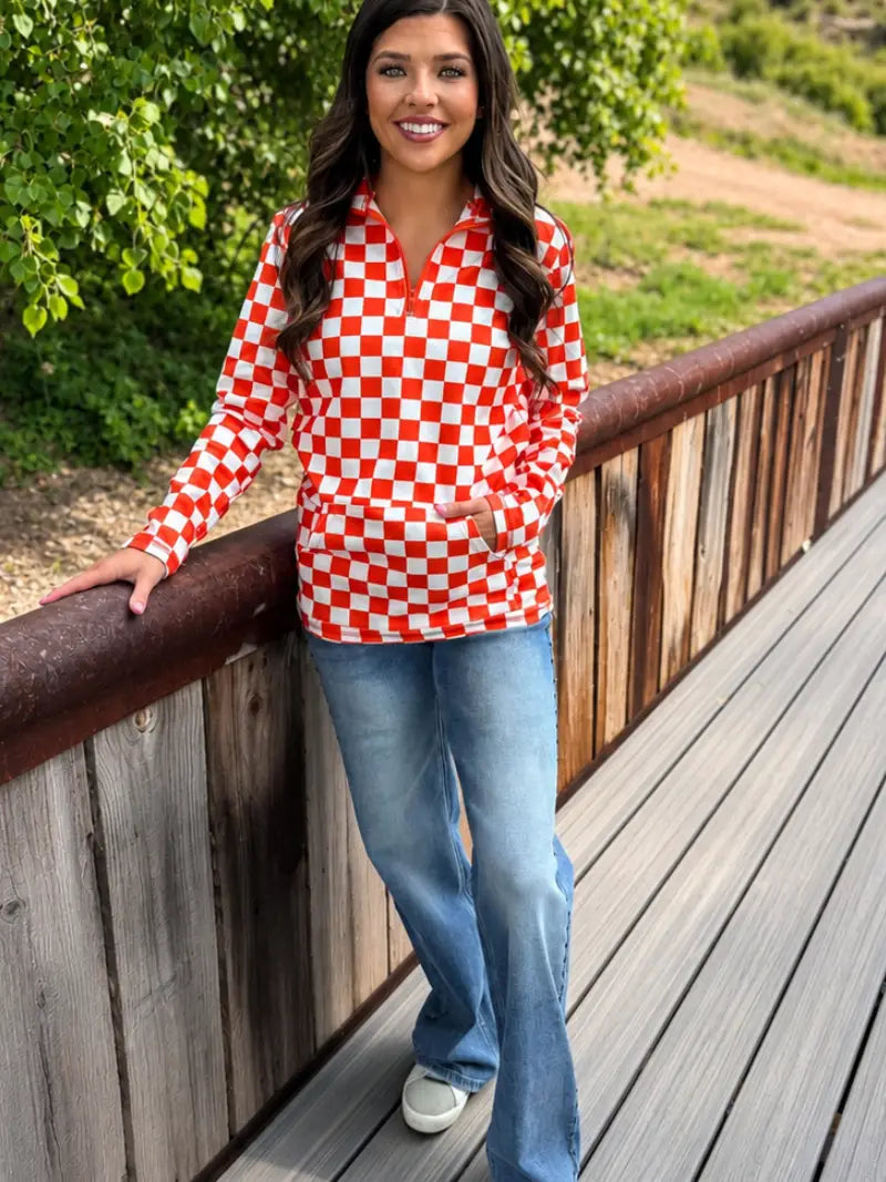 Pep Rally Orange & White Checkered Pullover