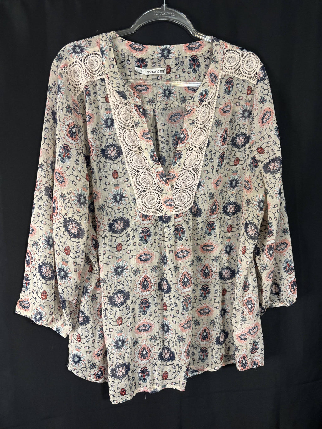 Resale - Maurices Sheer Crochet-Trim Blouse — Navy & Coral Medallion — Plus Size 3