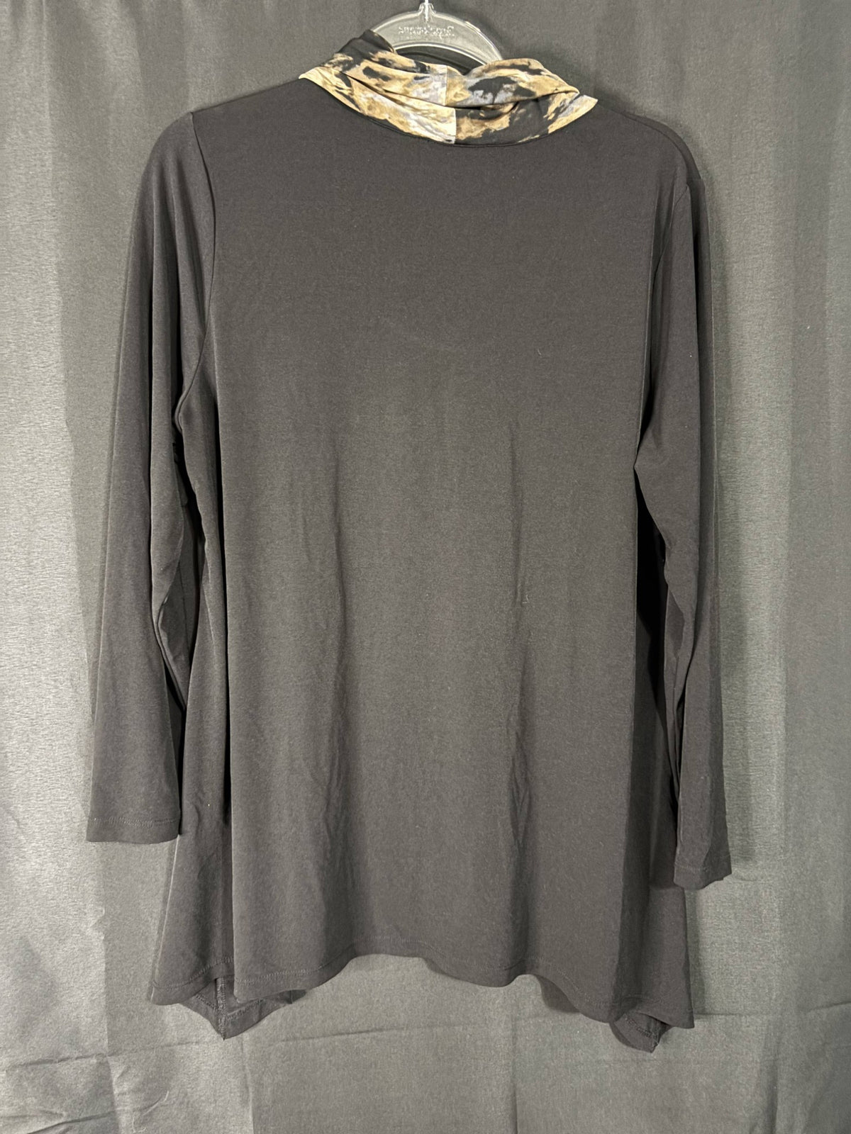 Resale - Susan Graver Top with Attached Leopard Scarf — Charcoal Brown — Size L
