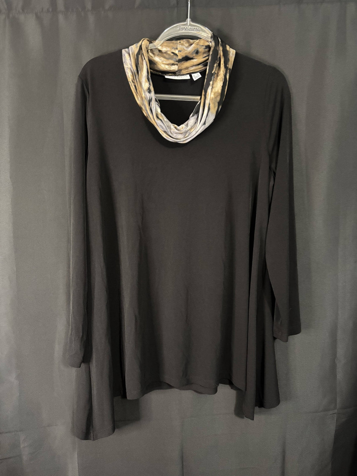 Resale - Susan Graver Top with Attached Leopard Scarf — Charcoal Brown — Size L