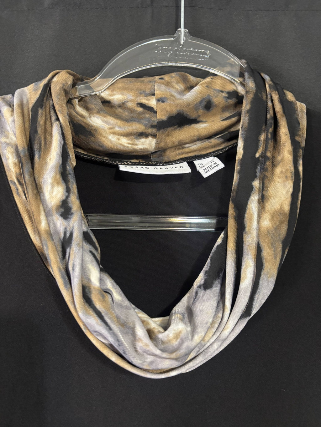 Resale - Susan Graver Top with Attached Leopard Scarf — Charcoal Brown — Size L