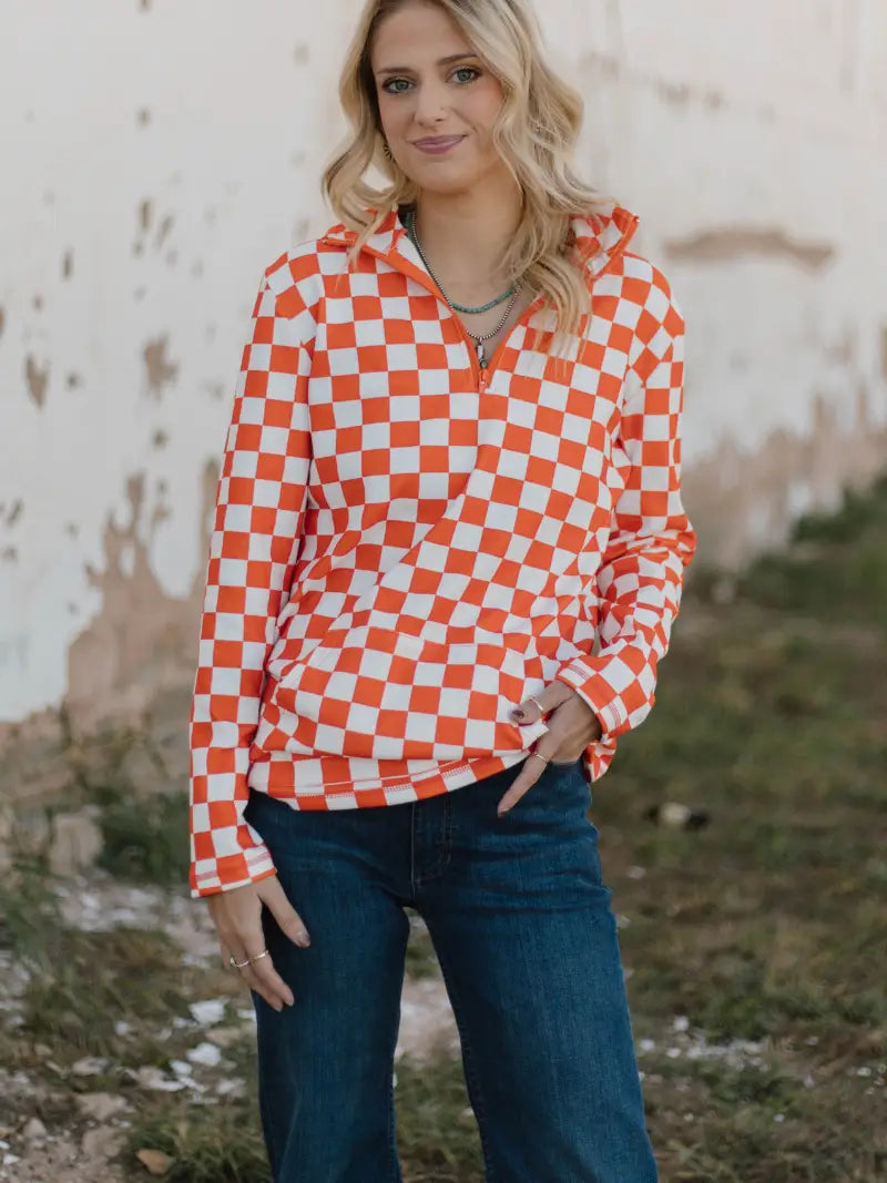 Pep Rally Orange & White Checkered Pullover