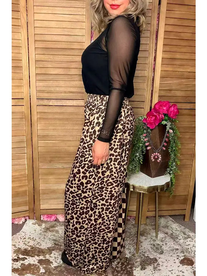 Western Leopard & Checkered Wide Leg Pants