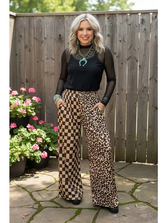 Western Leopard & Checkered Wide Leg Pants